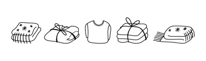 Set of Folded clothes in different angles. Warm clothes for winter and autumn Hand drawn doodle illustration. Cozy seasonal home wardrobe. Simple icon for social media, app, and web design. vector