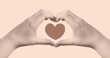 Hands show heart. Trendy halftone hand elements for collages. Demonstrating colors of 2025 - Mocha Mousse. Chocolate cream background. illustration. vector