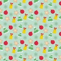 Cute seamless of red bell with snow on pine tree and gingerbread cookie star on snowflake and starburst on pastel green wallpaper and background. Christmas and new year holiday concept vector