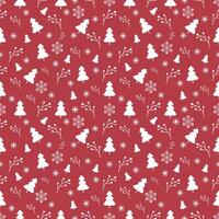 Cute seamless of white pine tree and flower on white snowflake and starburst on red wallpaper and background. Christmas and new year holiday concept vector