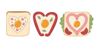 Different variations fried egg in heart shape. Delicious toast with egg. Breakfast, food cooked with love. Hand drawing illustration isolated vector