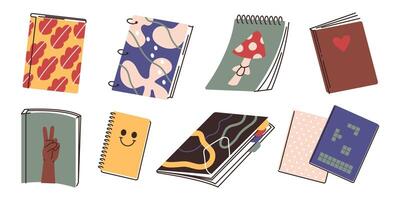 Different notebooks, diaries, books with various covers. Set of subject for paper notes hand drawing vector