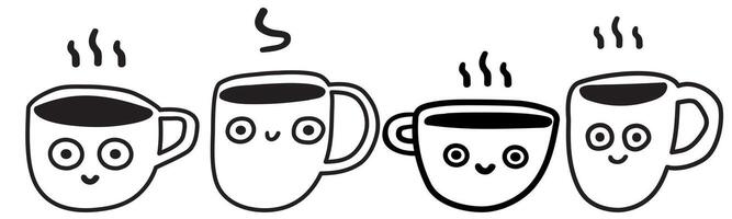 Cute and drawn cups of coffee. Outline design. isolated icons. Illustrations on white background. vector