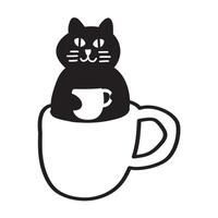 Cat with coffee cup sitting in a big mug. Isolated icon. Hand drawn outline illustration on white background. vector