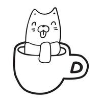 Cat sitting in a big coffee mug. Isolated icon. Outline illustration on white background. vector