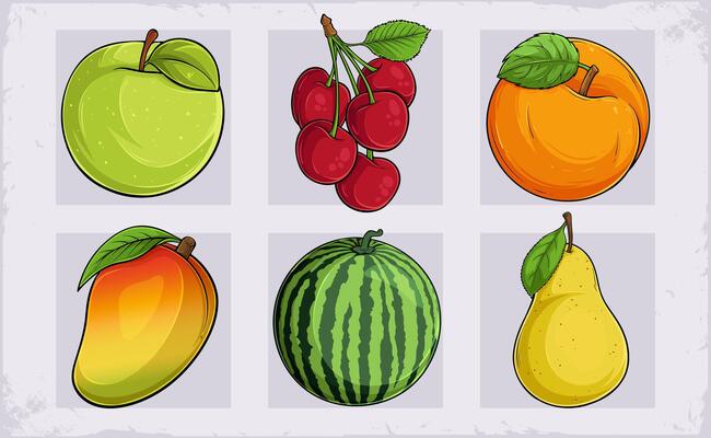 Hand drawn set of tasty tropical fruits apple, cherries , apricot, watermelon, yellow pear, mango