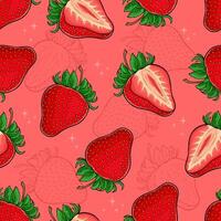 Hand drawn seamless pattern of set of tasty fresh full and half sliced red strawberries with seeds vector