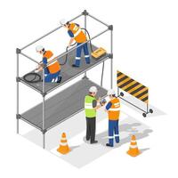 scaffolding in Construction worksite engineer and foreman working with labor isometric isolated illustration vector