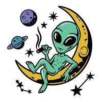 Alien Sitting on Moon with Space Elements Illustration vector