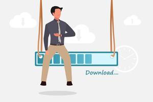 Businessman sitting on the status bar download while looking at his watch. Cloud technology and data storage concept. vector