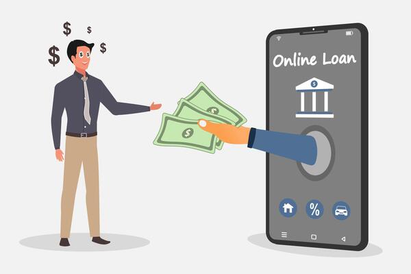 Businessman borrowing money through an online loan application on a smartphone. Financial lending by mobile application