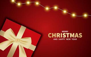 Merry Christmas greeting banner design. Christmas greeting text with 3d realistic elements vector