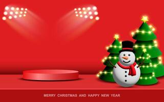 Christmas podium. Red Podium for product display presentation with Christmas tree and snowman. Podium platform for displaying products on a red background. vector