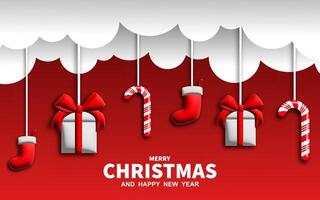 Merry Christmas greeting banner design. Christmas greeting text with 3d realistic elements vector