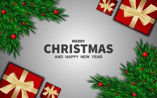 Merry Christmas greeting background design. Christmas greeting text on background with gift boxes, fir tree and decoration elements. vector