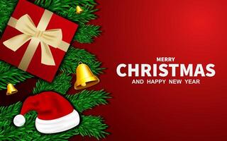 Christmas greetings background design. Christmas greeting text with pine tree ornaments, and gift boxes and decoration elements on background. vector
