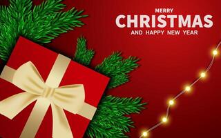 Merry Christmas greeting background design. Christmas greeting text on background with gift boxes, fir tree and decoration elements. vector