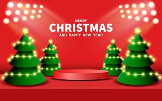 Abstract realistic 3D red cylinder pedestal podium set with modern green Christmas tree. Merry Christmas and New Year scene for product display presentation. vector