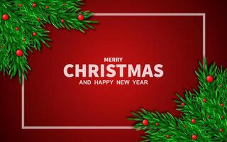 Merry Christmas and New Year. New Year greeting card with green pine branches, on background. vector
