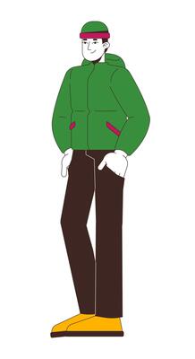 Modern chinese man posing in winter comfortable outerwear 2D cartoon character. Asian guy smiling, hands in pockets isolated person flat on white background. Spot illustration colorful