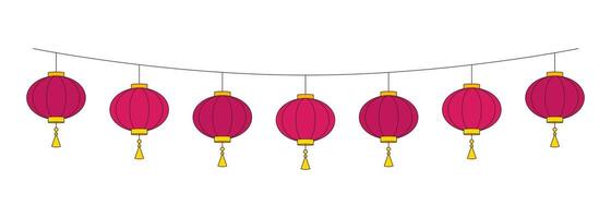 Paper lanterns hanging on string 2D cartoon object. Lunar new year decoration. Lantern festival. Chinese ornaments isolated element flat clipart on white background. Spot illustration vector