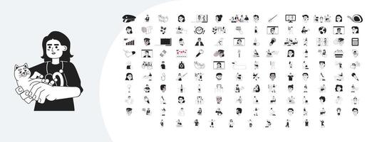 Jobs professions outline illustrations mega bundle. Labour work. Workplace diversity 2D linear images isolated. Videoconference, deadline, laptop employees collection black and white drawings vector