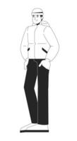 Modern chinese man posing in winter comfortable outerwear black and white 2D line character. Asian guy smiling, hands in pockets isolated outline person. Monochromatic spot illustration vector