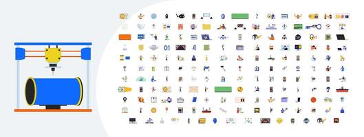 Modern technology cartoon flat illustrations mega bundle. 3D printer, cosmos, manufacturing. Digital devices 2D images isolated on white. Robotics, mobile phone app collection drawings colorful vector