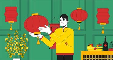 Decorating house for Chinese New Year flat illustration. Asian man hanging paper lanterns indoors 2D character cartoon background. Preparing home for spring festival scene storytelling image vector