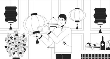 Decorating house for Chinese New Year black and white line illustration. Asian man hanging paper lanterns 2D character monochrome background. Preparing home for spring festival outline image vector