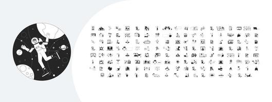 Technologies and development outline illustrations mega bundle. Cybersecurity, scientists 2D linear images isolated. Smartphone using. Robotics, cosmos collection black and white drawings vector