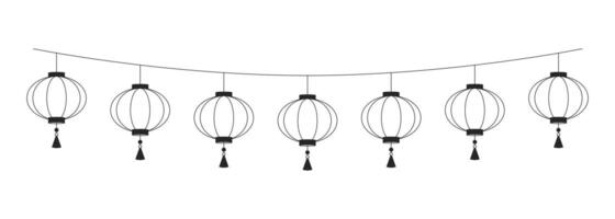 Paper lanterns hanging on string black and white 2D line object. Lunar new year decoration. Lantern festival. Chinese ornaments isolated clip art outline item. Monochromatic spot illustration vector