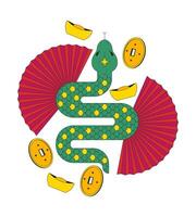 Chinese year of zodiac snake 2D illustration concept. Serpent reptile. New year animal 2025 feng shui coins sycee fans cartoon composition isolated on white. Metaphor abstract flat graphic vector