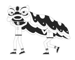 Lunar New Year lion dancers black and white 2D line characters. Chinese people in traditional tang suits performing spiritual dance isolated outline people. Monochromatic spot illustration vector