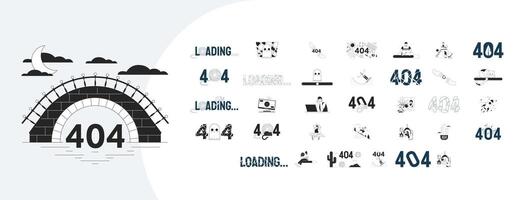 Loading and 404 error outline illustrations mega bundle. Thread ball cat, cute ghost, abstract 2D linear images isolated. Diverse people leisure lifestyle collection black and white drawings vector