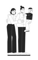 Modern chinese family in winter outerwear black and white 2D line characters. Bonding relationships. Asian mother, father, son hugs isolated outline people. Monochromatic spot illustration vector