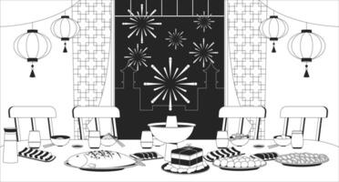 Traditional Lunar New Year foods table black and white line illustration. Chinese dishes, paper lanterns, fireworks night 2D interior monochrome backdrop. Spring festival dinner outline vector