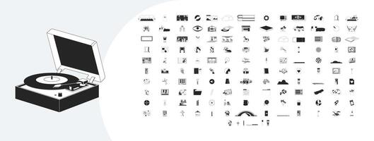 Lofi chill cozy elements outline illustrations mega bundle. Lo fi aesthetic 2D linear images isolated. Retro tv, files books, still life dreamy vibes collection black and white drawings vector