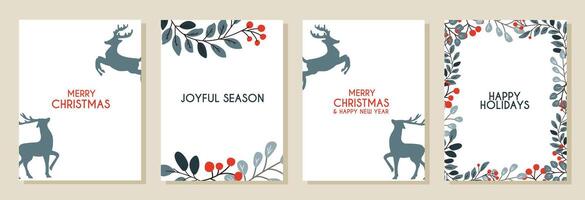 Holiday cards with deer, rowan branches and berries frames and greeting inscriptions. Modern universal art templates. vector