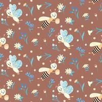 Seamless Pattern With Cute Bees, Butterflies, And Wildflowers On Brown Background vector