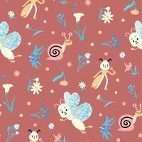 Cute seamless pattern with snails, ants, butterflies vector