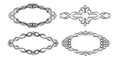 Collection of four black damask frames with swirls and ornament. Lace symmetrical vintage border, retro template. For use in invitations, greeting card, poster, and decorative design. vector