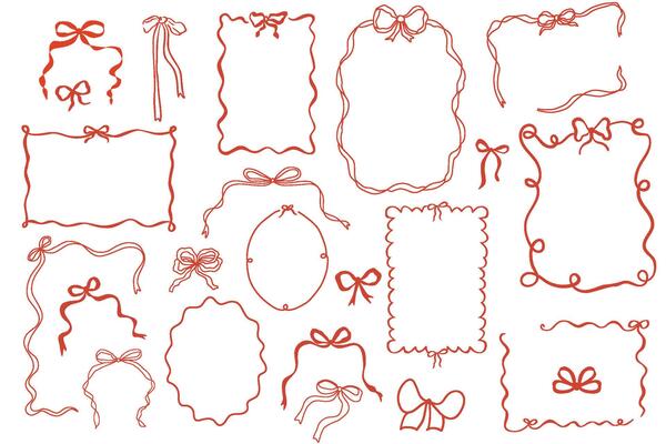 Red whimsical bow knots frames set. Doodle hand drawn vintage bows, ribbon borders collection for birthday card, wedding invitation, squiggly, wavy borders. Minimal line art, cute elements.