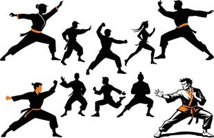 Martial Arts Silhouettes Collection - Karate, Kung Fu, Taekwondo, and Combat Stances in Dynamic Styles vector