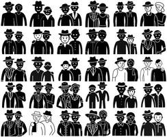 Vintage Silhouette Icons of People in Retro Attire - Group Illustrations for Design Projects vector