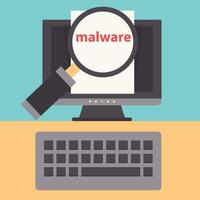 Document with malware in laptop. Concept of virus, piracy, hacking and security. Website banner of e-mail protection, anti-malware software. Flat illustration. vector