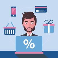On line shopping concept. Man sitting in front of his lap top and searching for products to buy. Shopping icons. E commerce and pay per click. Flat illustration vector