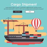 Container ship at freight port terminal Unloading. Merchant Marine. Flat illustration vector