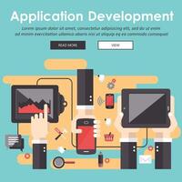 Mobile applications concept. Application development. Hands with phones. Flat illustration. vector