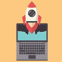 Flat rocket flying from laptop . Start up concept. Project development. vector